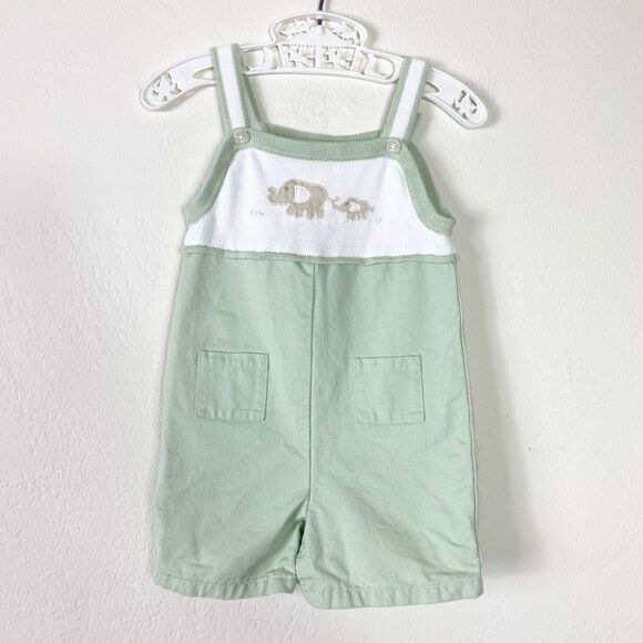 Janie & Jack Green & White Elephant Embroidered Overall One Piece 3-6M - Picture 1 of 8